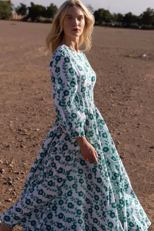 Oliphant Crew Neck Smocked Waist Maxi- Toscana Green
