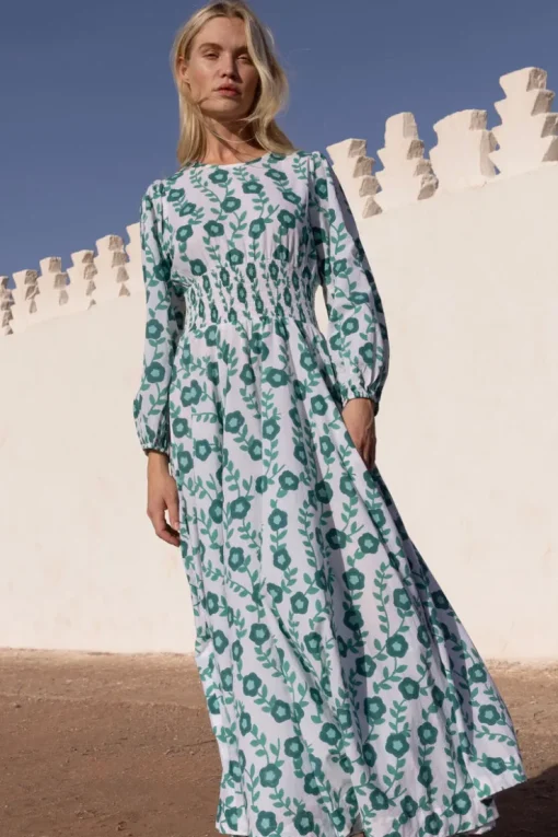 Oliphant Crew Neck Smocked Waist Maxi- Toscana Green