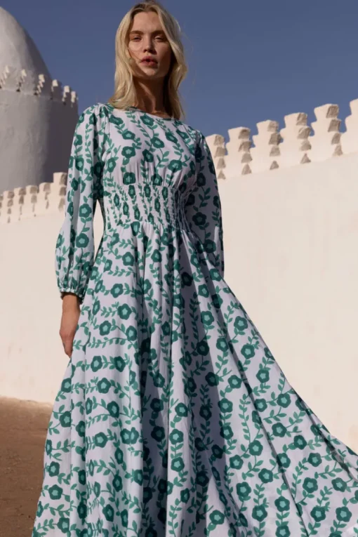 Oliphant Crew Neck Smocked Waist Maxi- Toscana Green