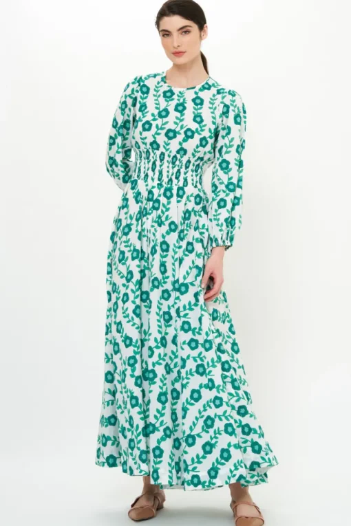 Oliphant Crew Neck Smocked Waist Maxi- Toscana Green