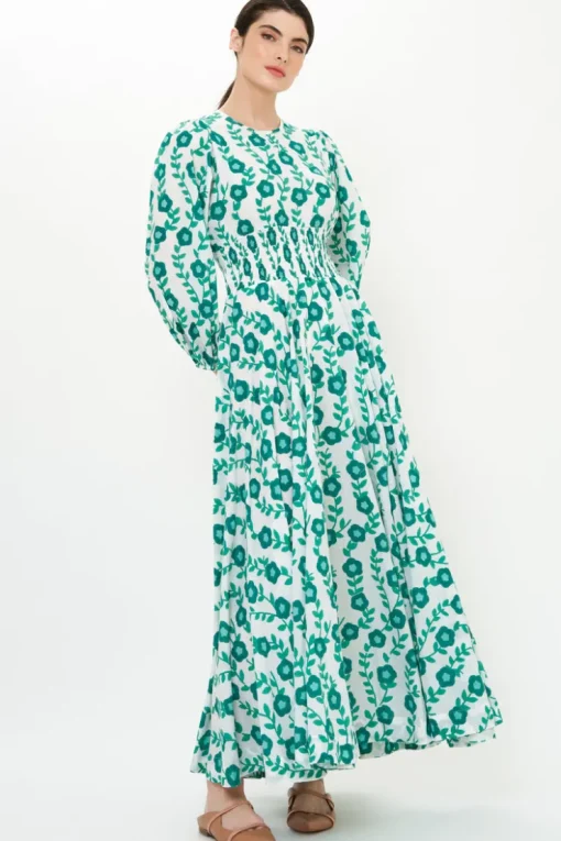 Oliphant Crew Neck Smocked Waist Maxi- Toscana Green