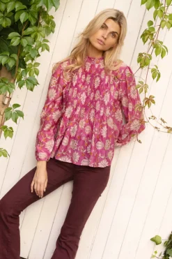 Oliphant Long Sleeve Pintuck Blouse- Presidio Magenta