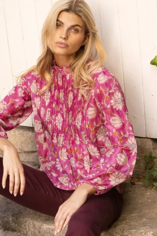 Oliphant Long Sleeve Pintuck Blouse- Presidio Magenta