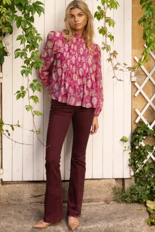 Oliphant Long Sleeve Pintuck Blouse- Presidio Magenta