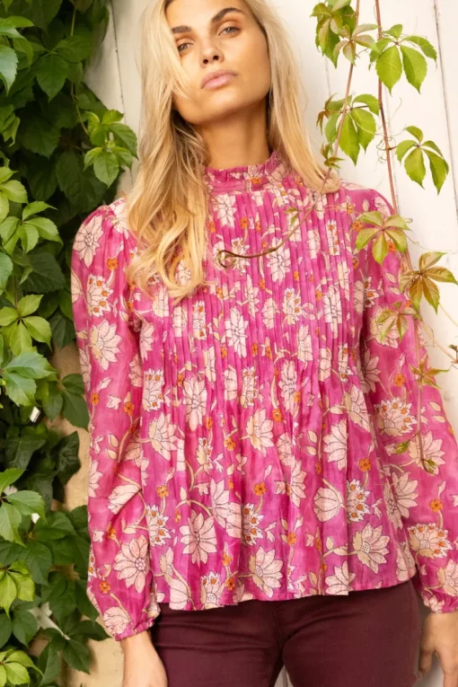 Oliphant Long Sleeve Pintuck Blouse- Presidio Magenta