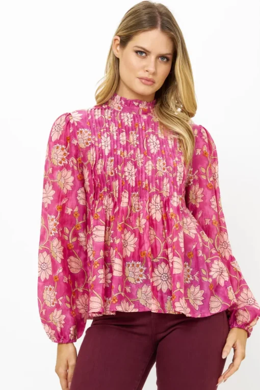 Oliphant Long Sleeve Pintuck Blouse- Presidio Magenta