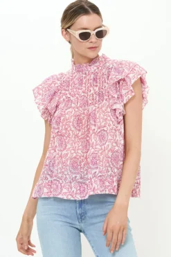 Oliphant Pintuck Ruffle Top- Malta Pink