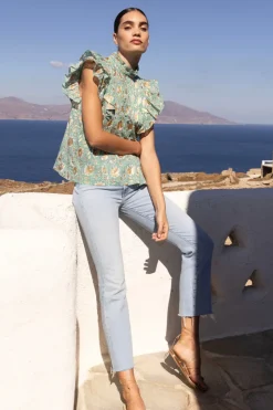 Oliphant Pintuck Ruffle Top- Mughal Green