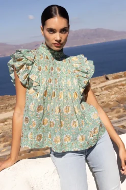 Oliphant Pintuck Ruffle Top- Mughal Green