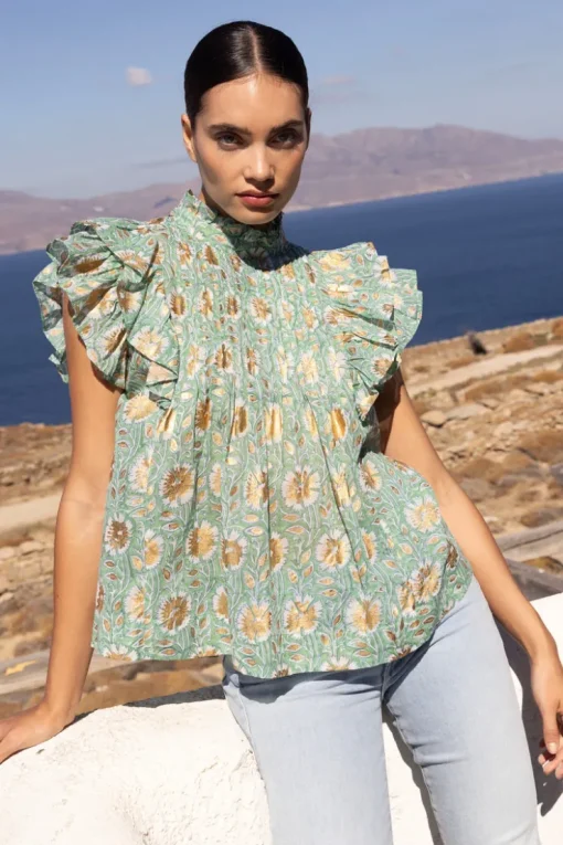 Oliphant Pintuck Ruffle Top- Mughal Green