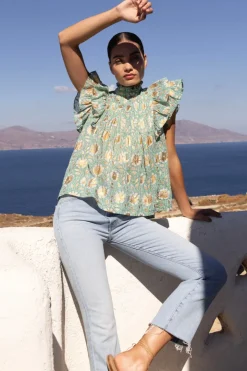 Oliphant Pintuck Ruffle Top- Mughal Green