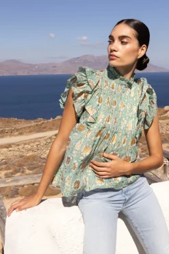 Oliphant Pintuck Ruffle Top- Mughal Green