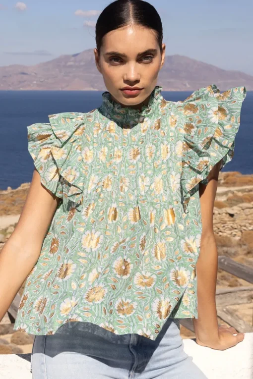 Oliphant Pintuck Ruffle Top- Mughal Green