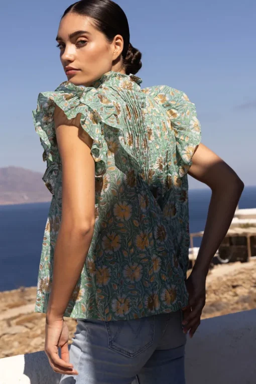 Oliphant Pintuck Ruffle Top- Mughal Green