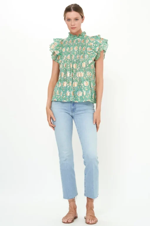 Oliphant Pintuck Ruffle Top- Mughal Green