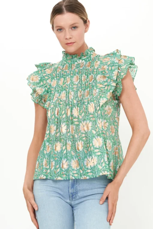 Oliphant Pintuck Ruffle Top- Mughal Green