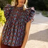 Oliphant Pintuck Ruffle Top- Tulip Red