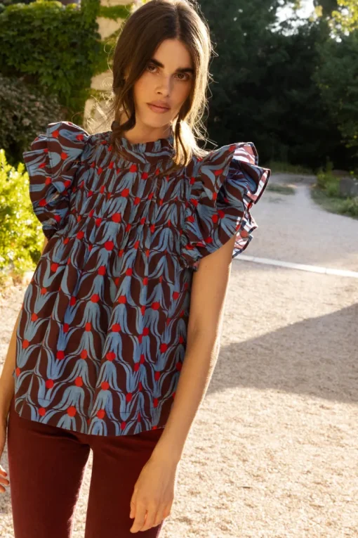 Oliphant Pintuck Ruffle Top- Tulip Red