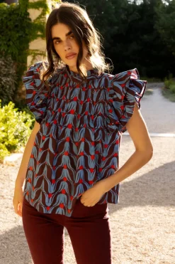 Oliphant Pintuck Ruffle Top- Tulip Red