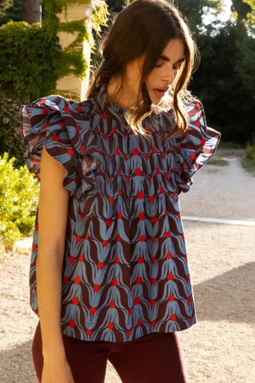 Oliphant Pintuck Ruffle Top- Tulip Red