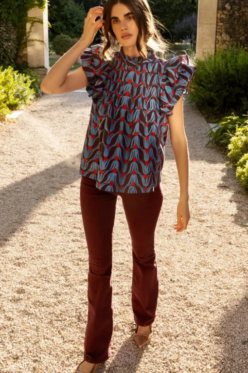 Oliphant Pintuck Ruffle Top- Tulip Red
