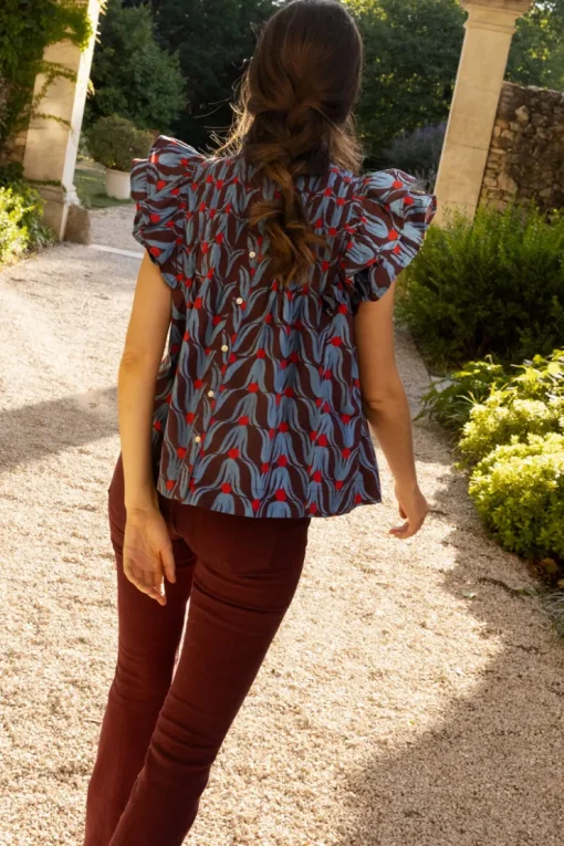 Oliphant Pintuck Ruffle Top- Tulip Red