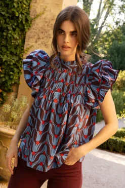 Oliphant Pintuck Ruffle Top- Tulip Red