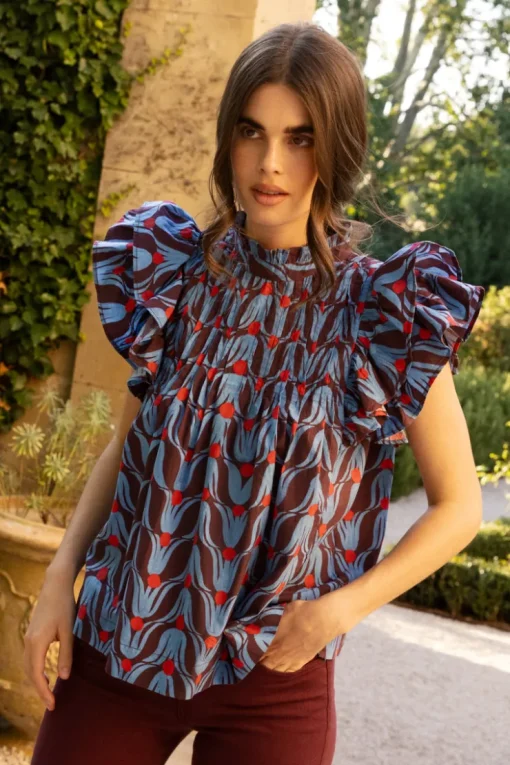 Oliphant Pintuck Ruffle Top- Tulip Red