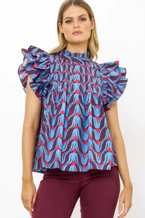 Oliphant Pintuck Ruffle Top- Tulip Red