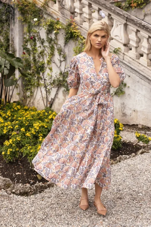 Oliphant Puff Sleeve Maxi- Montenegro Coral