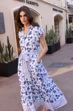 Oliphant Ruffle Collar Button Maxi- Marion Blue