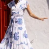 Oliphant Ruffle Collar Button Maxi- Portofino Blue