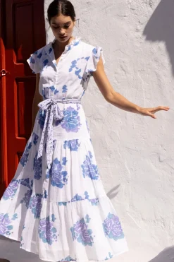 Oliphant Ruffle Collar Button Maxi- Portofino Blue