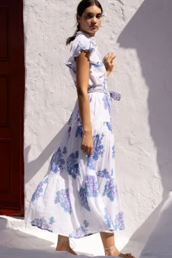 Oliphant Ruffle Collar Button Maxi- Portofino Blue