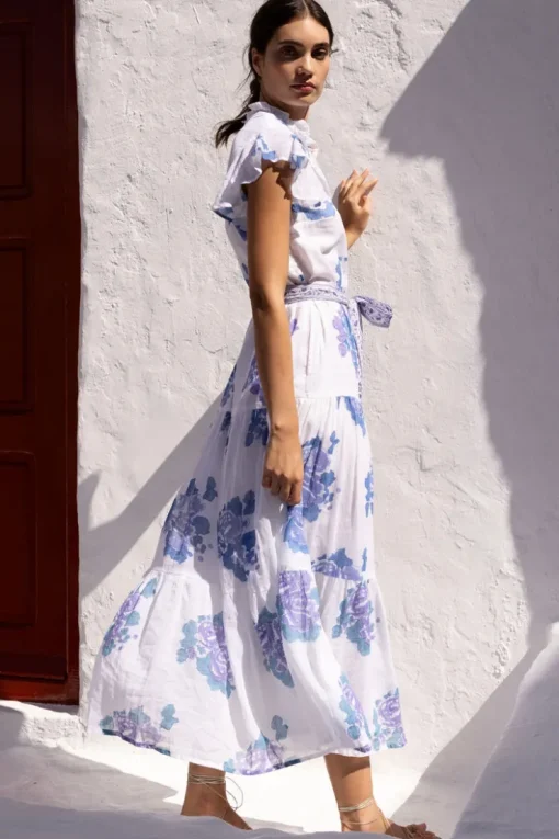 Oliphant Ruffle Collar Button Maxi- Portofino Blue
