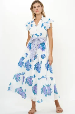 Oliphant Ruffle Collar Button Maxi- Portofino Blue