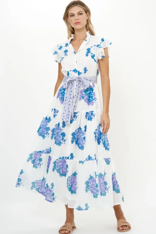 Oliphant Ruffle Collar Button Maxi- Portofino Blue