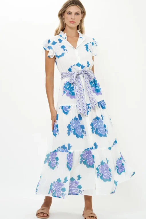 Oliphant Ruffle Collar Button Maxi- Portofino Blue