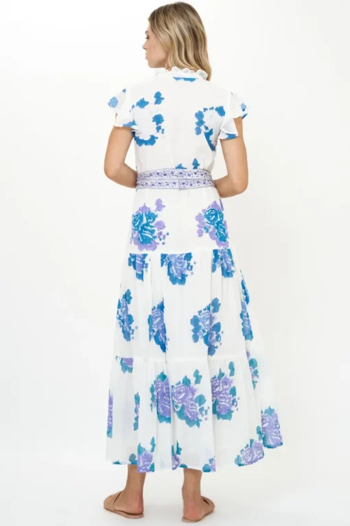 Oliphant Ruffle Collar Button Maxi- Portofino Blue