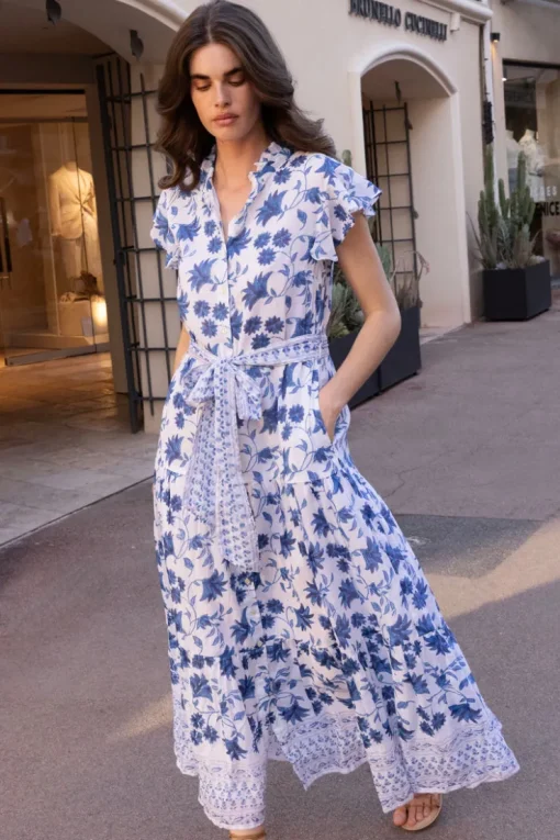 Oliphant Ruffle Collar Button Maxi- Marion Blue