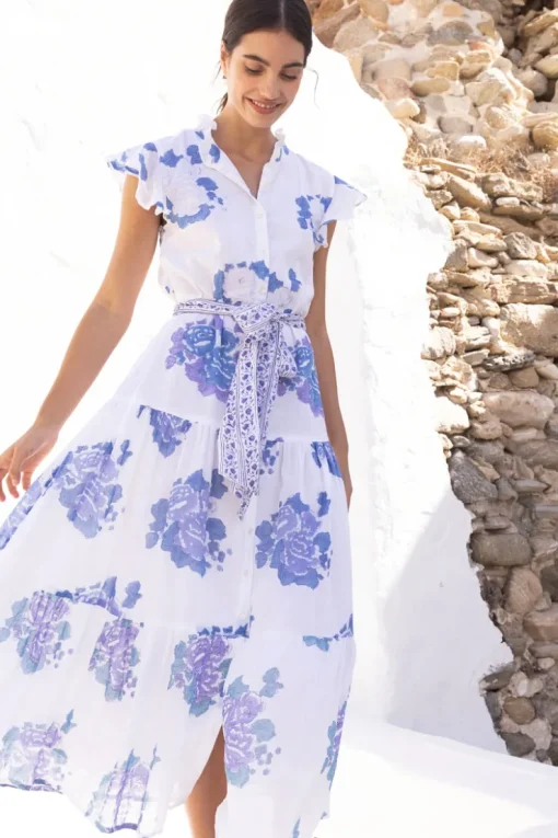 Oliphant Ruffle Collar Button Maxi- Portofino Blue