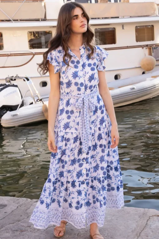 Oliphant Ruffle Collar Button Maxi- Marion Blue
