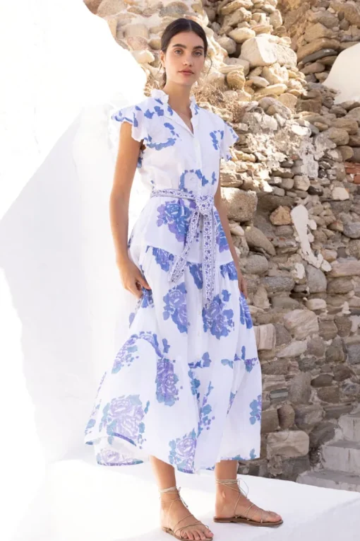 Oliphant Ruffle Collar Button Maxi- Portofino Blue