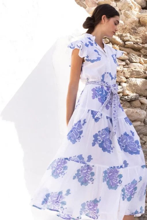 Oliphant Ruffle Collar Button Maxi- Portofino Blue