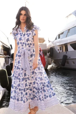 Oliphant Ruffle Collar Button Maxi- Marion Blue