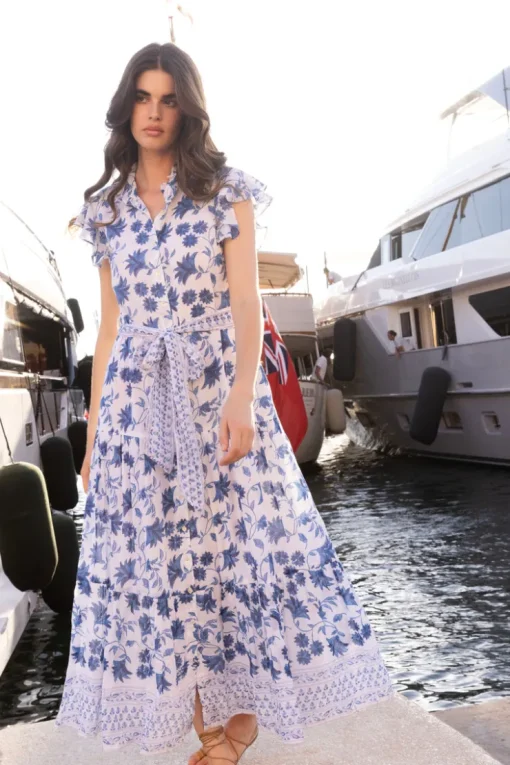 Oliphant Ruffle Collar Button Maxi- Marion Blue