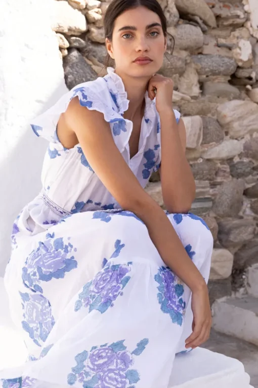 Oliphant Ruffle Collar Button Maxi- Portofino Blue