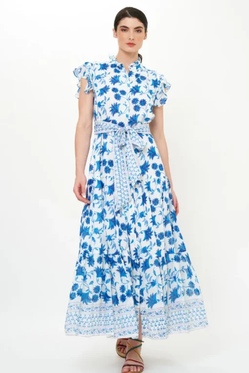 Oliphant Ruffle Collar Button Maxi- Marion Blue