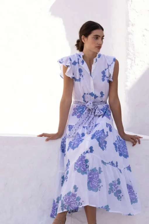 Oliphant Ruffle Collar Button Maxi- Portofino Blue