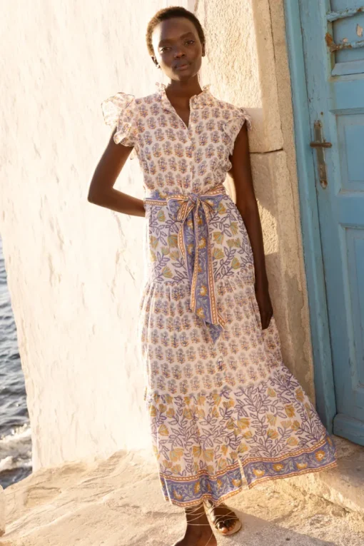 Oliphant Ruffle Collar Button Maxi- Napa Blue